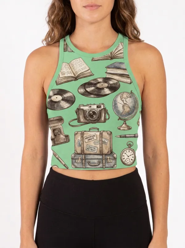 Women's Travel Inspired Vintage Objects Printed Crop Tank Top