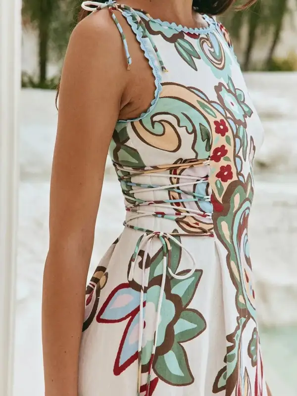 Floral Print Tie Shoulder Sleeveless Tiered Midi Dress