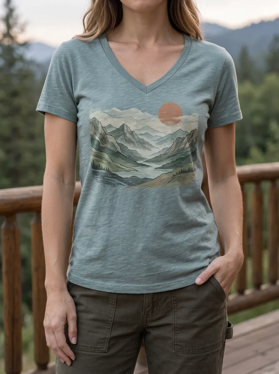 Women's Nature Lover Mountain Sunset Printed V-Neck T-Shirt