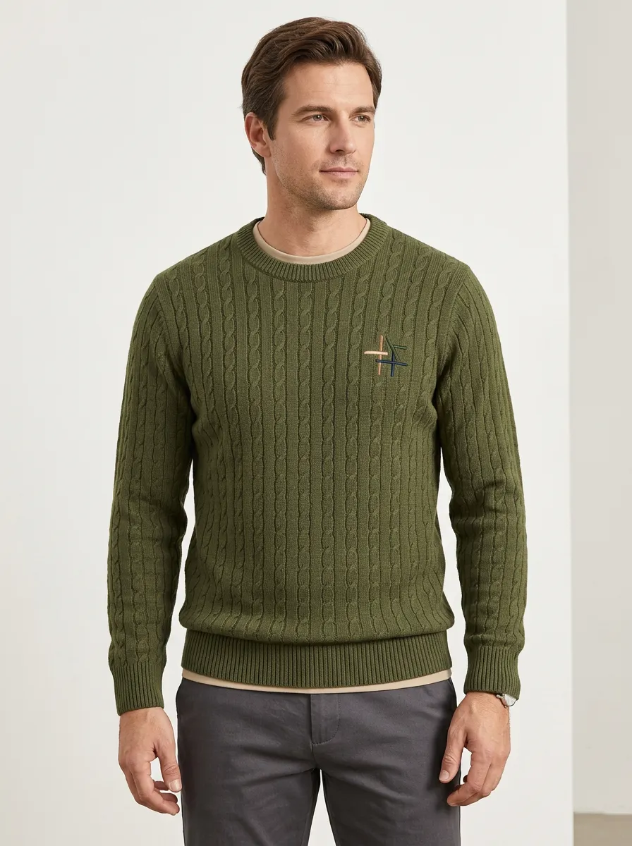Men's Olive Green Graphic Embroidered Olive Green Knit Sweater