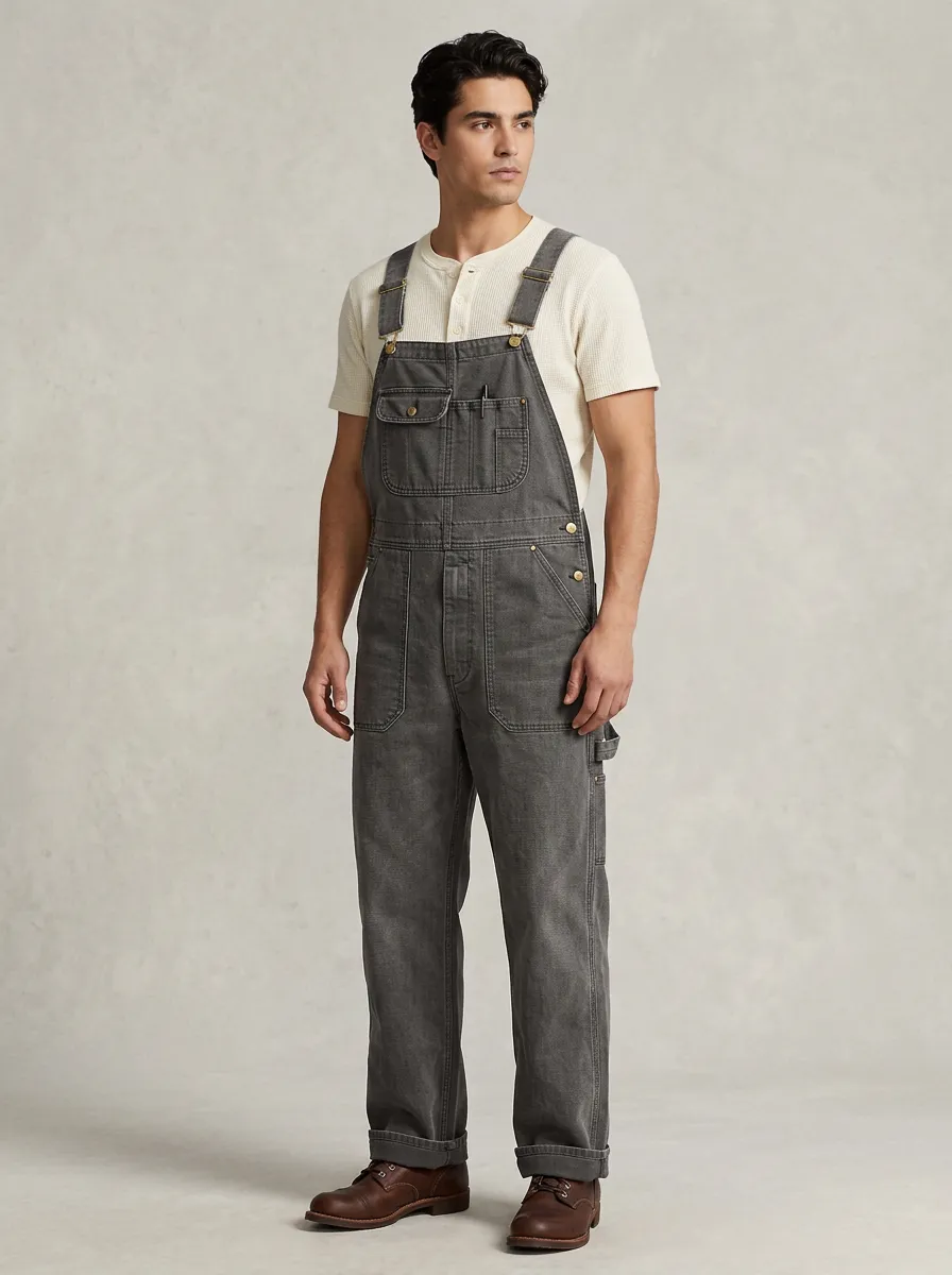 Men's Casual Workwear Charcoal Grey Denim Bib Overalls