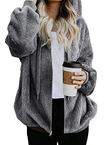 Womens Full Zip Up Sherpa Hoodie Fuzzy Fleece Jacket Oversized Fluffy Coat with Pockets