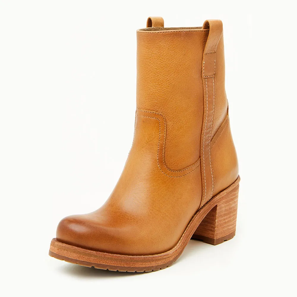 Faux-Leather Pull-On Round-Toe Block-Heel Ankle Boots