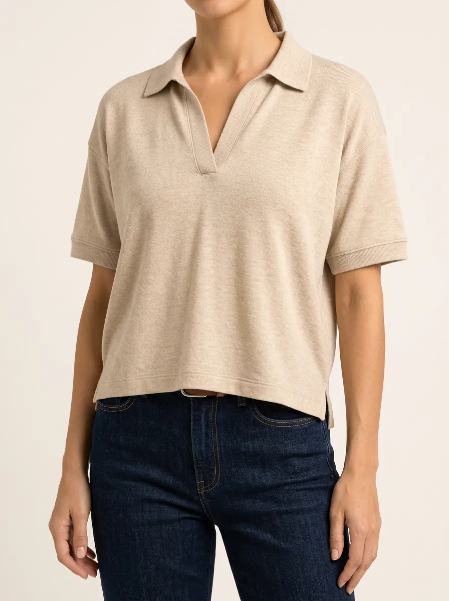 Women's Minimal Beige Polo with a Simple V Neck Cut