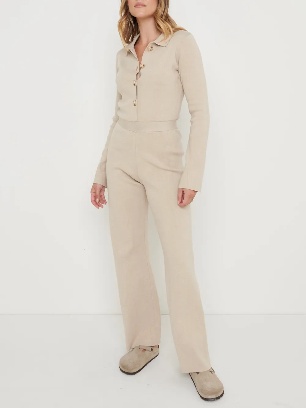 Wide Leg Knit Jumpsuit- Beige Marl