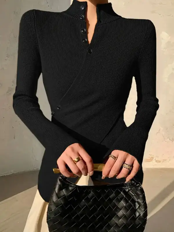 Asymmetric Split Front Paneled V-Neck Long Sleeve Sweater