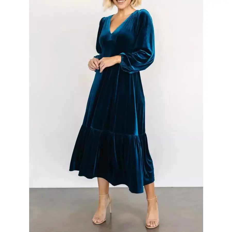 Velvet Tiered Long Sleeve Midi Dress