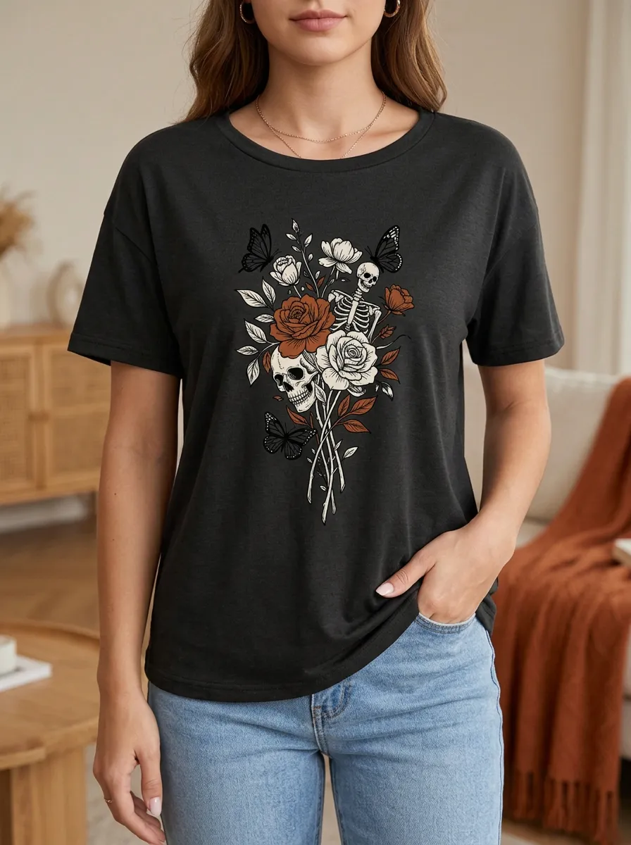 Women's Halloween Gothic Skeleton Floral Butterfly Printed T-shirt