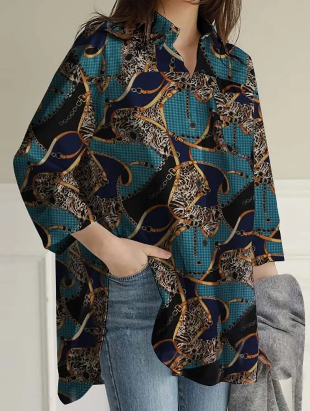 Printed Lapel Long-Sleeved Tunic Top