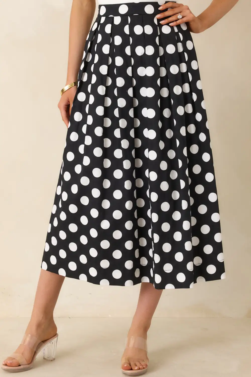 Polka Dot Cotton Pleated Maxi Skirt