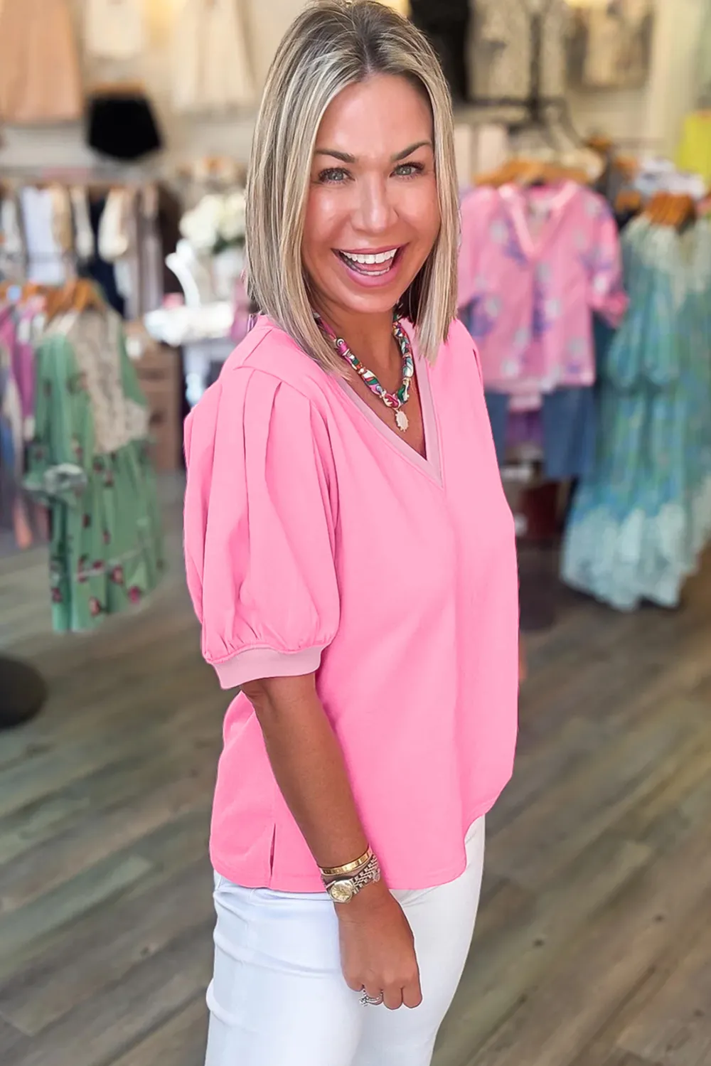 Bonbon V Neck Short Puff Blouse