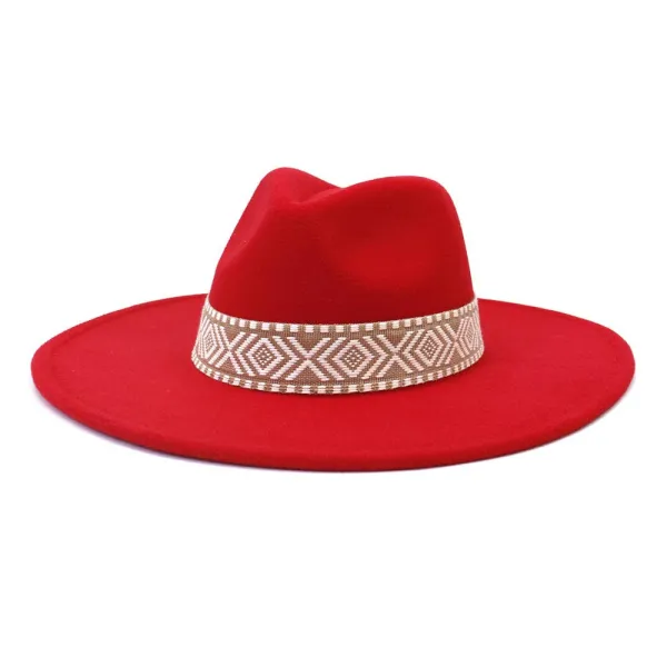 Big Brim Peach Heart Top Aztec Pattern Belt Jazz Hat