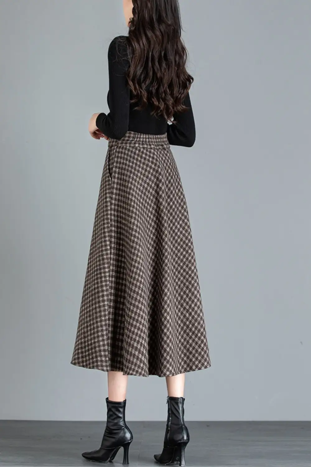 Checkered Wool Blend A Line High Waist Midi Skirt