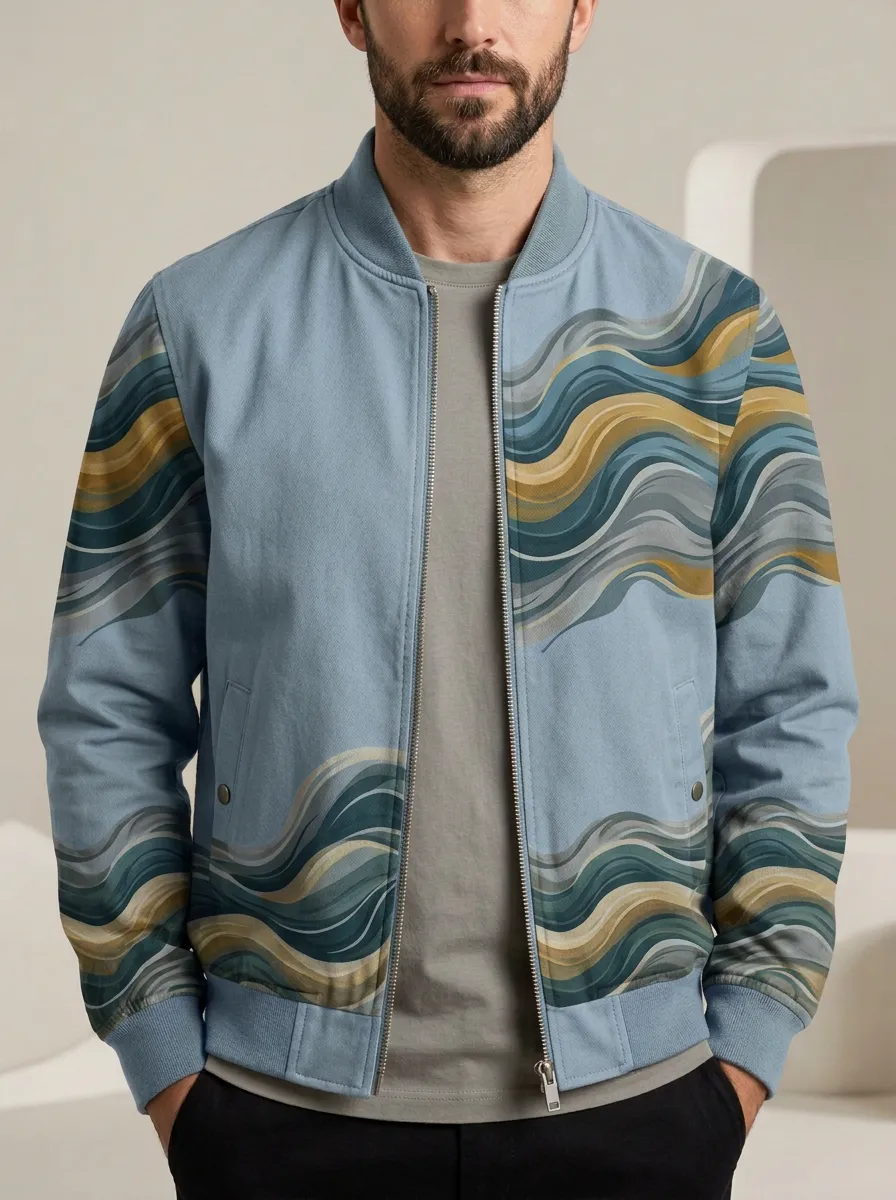 Wave Print Ribbed Trim Bomber Jacket