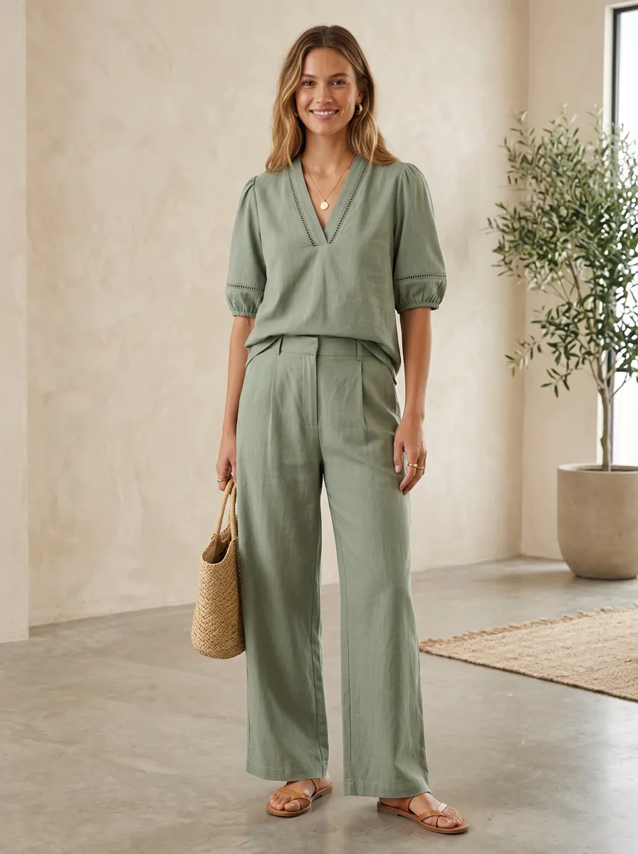 Short-Sleeve Puff-Sleeve Linen-Blend Women's V-Neck Casual Lounge Set