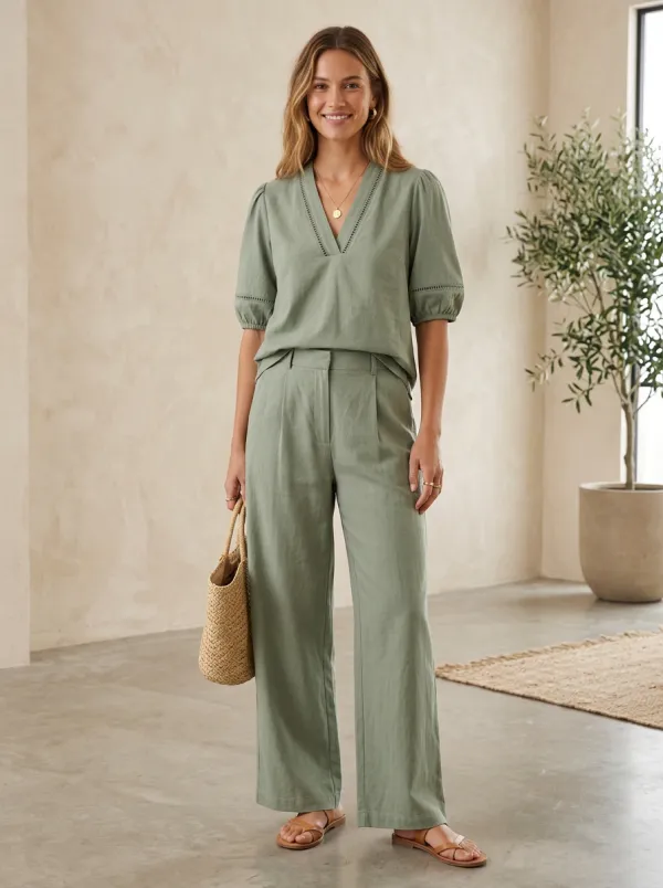 Short-Sleeve Puff-Sleeve Linen-Blend Women's V-Neck Casual Lounge Set