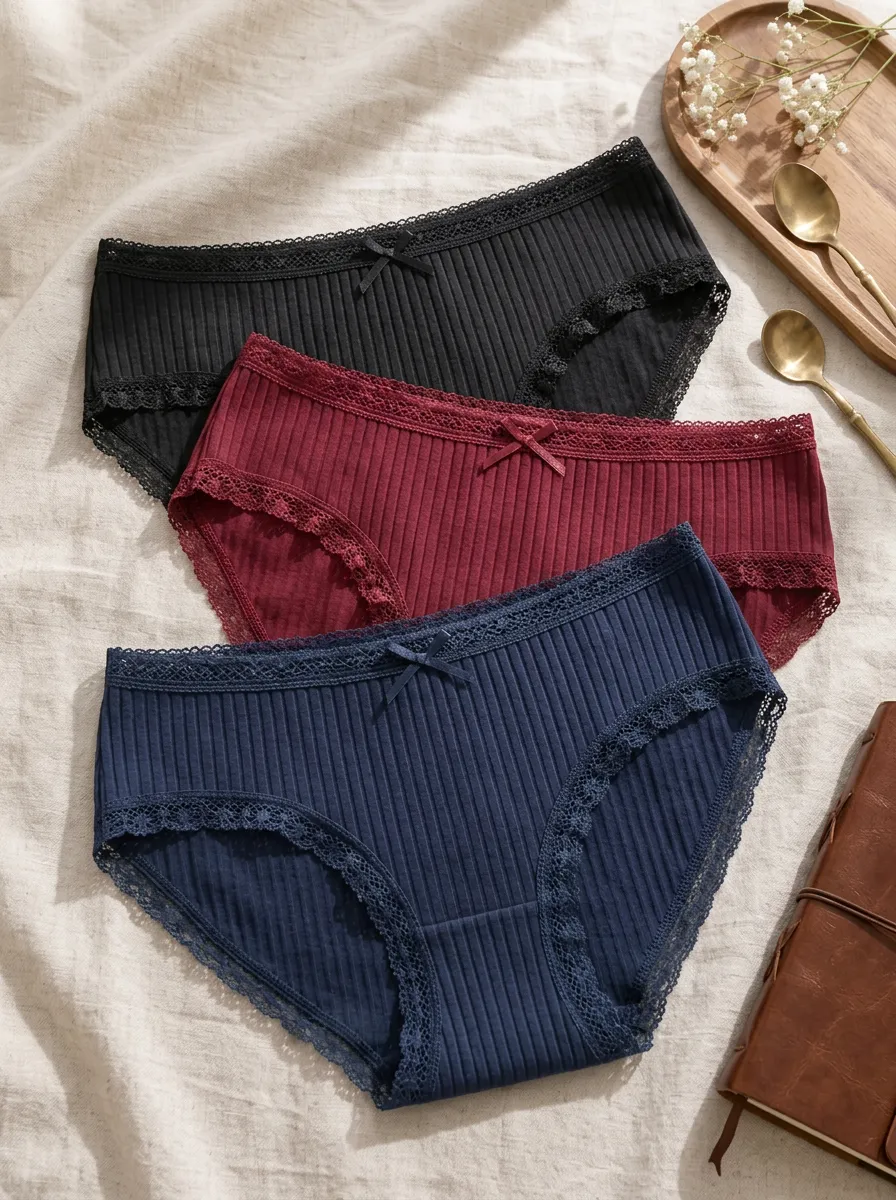 Women's Lace Trim Rib Texture Bow Detail 3-Pack Underwear Set