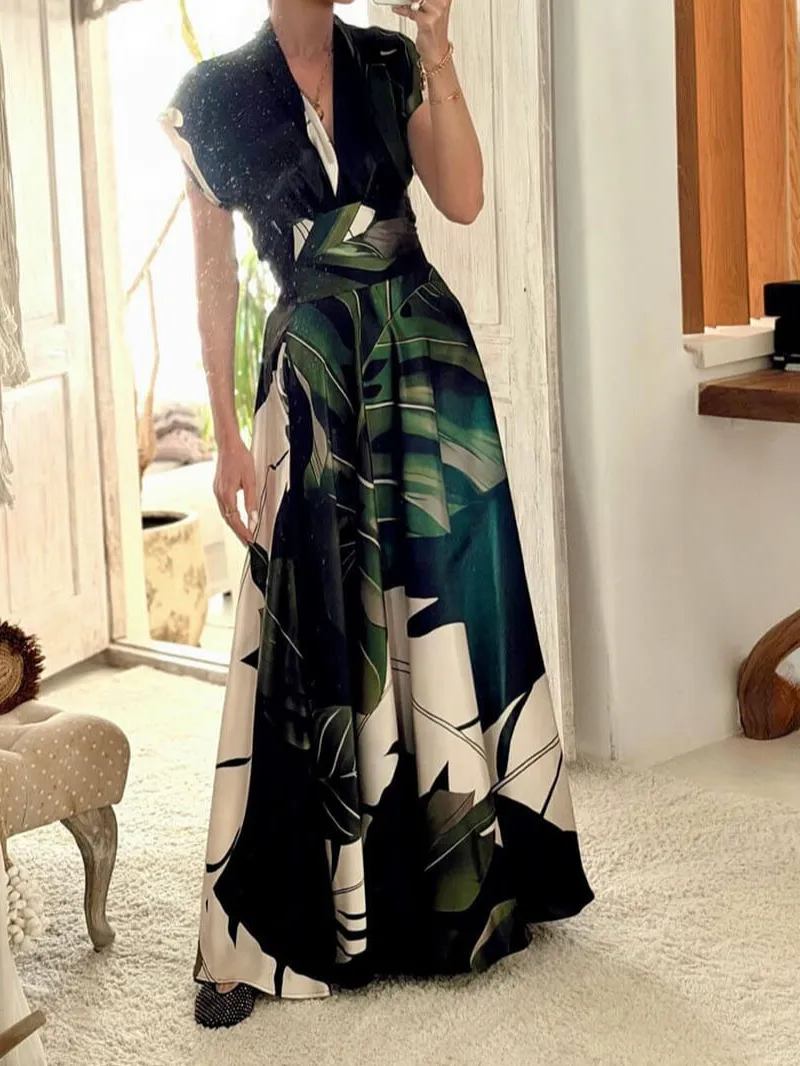 Bohemian Palm Leaf Print Maxi Dress