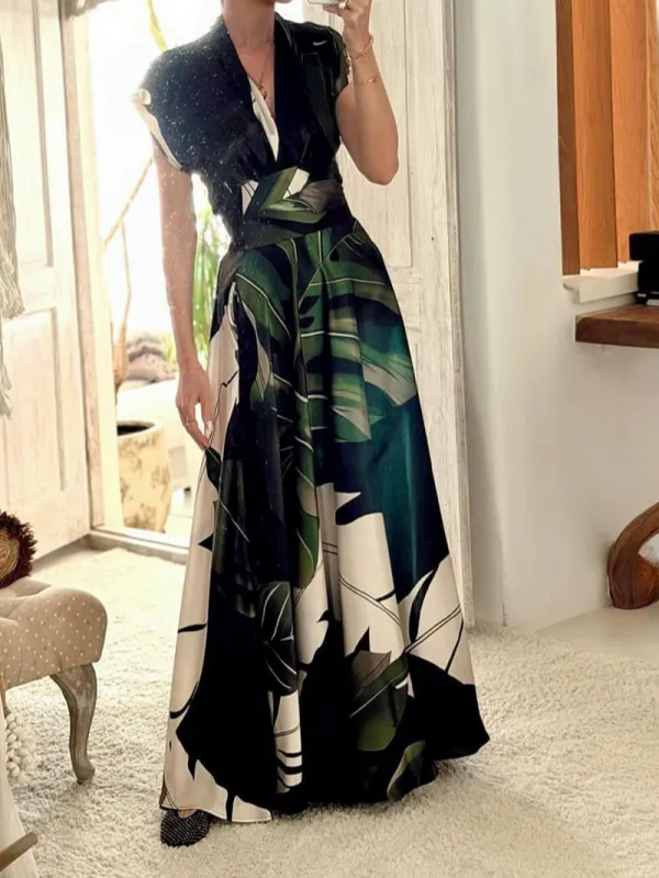 Bohemian Palm Leaf Print Maxi Dress