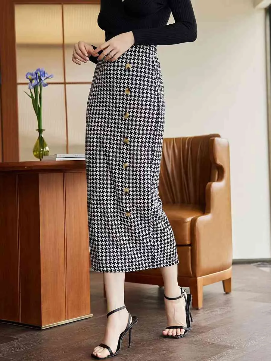 Button Front Midi Side Slit Skirt