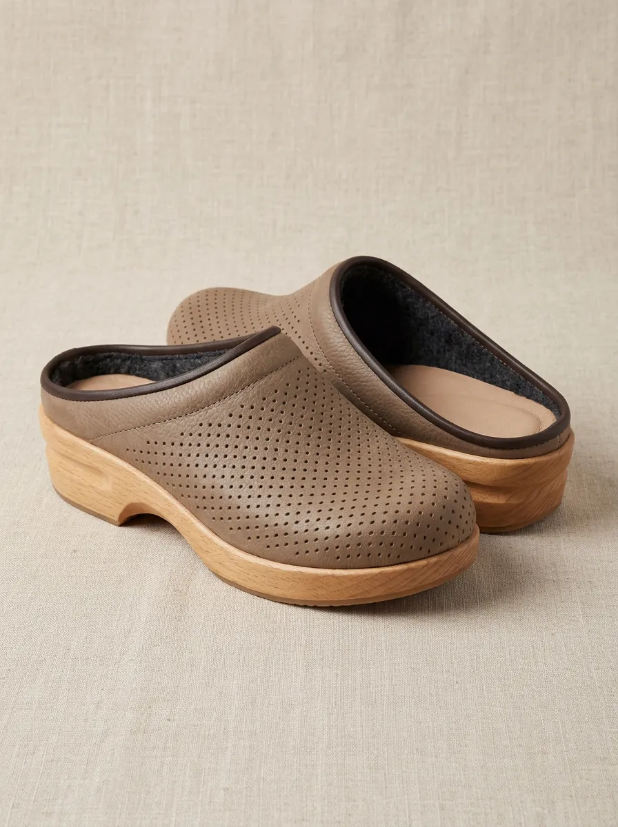 Men's Perforated Leather Open-Back Wooden-Sole Clogs