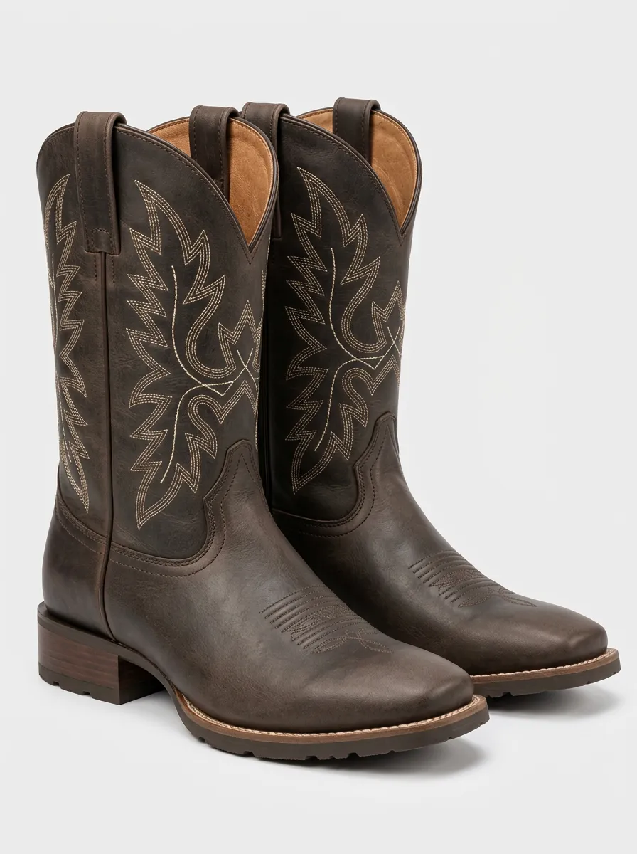 Men's Brown Leather Boots with Western Embroidered Panels