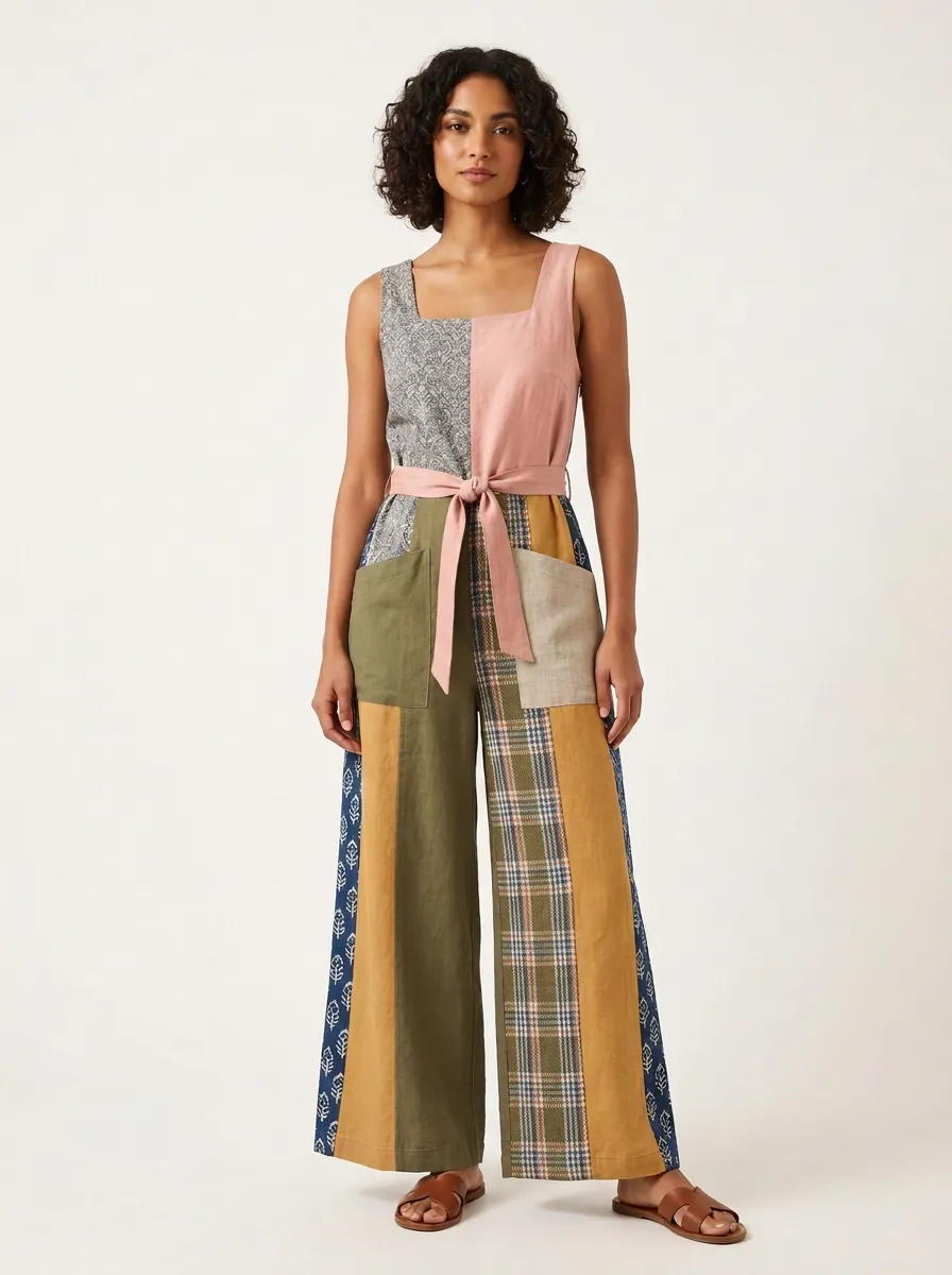 Women's Boho Patchwork Floral Plaid Graphic Jumpsuit