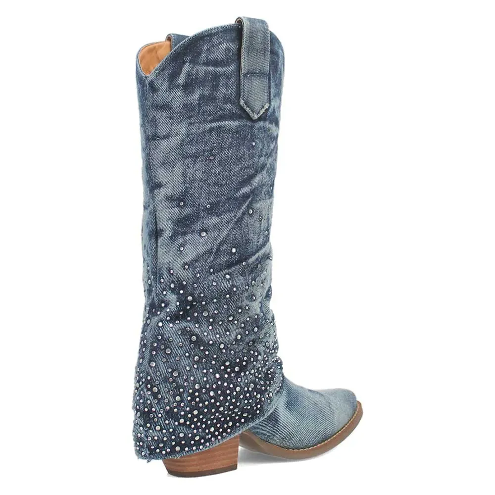 Denim Rhinestone Chunky-Heel Platform Western Boots