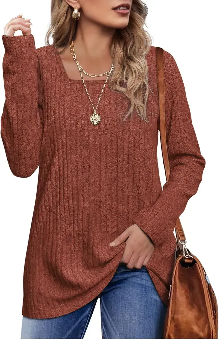 OFEEFAN Long Sleeve Shirts for Women Lightweight Crew Neck Casual Tunic Tops