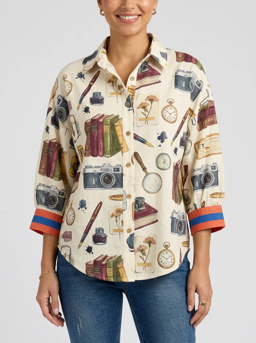Women's Vintage Librarian Book Camera Printed Button-up Shirt
