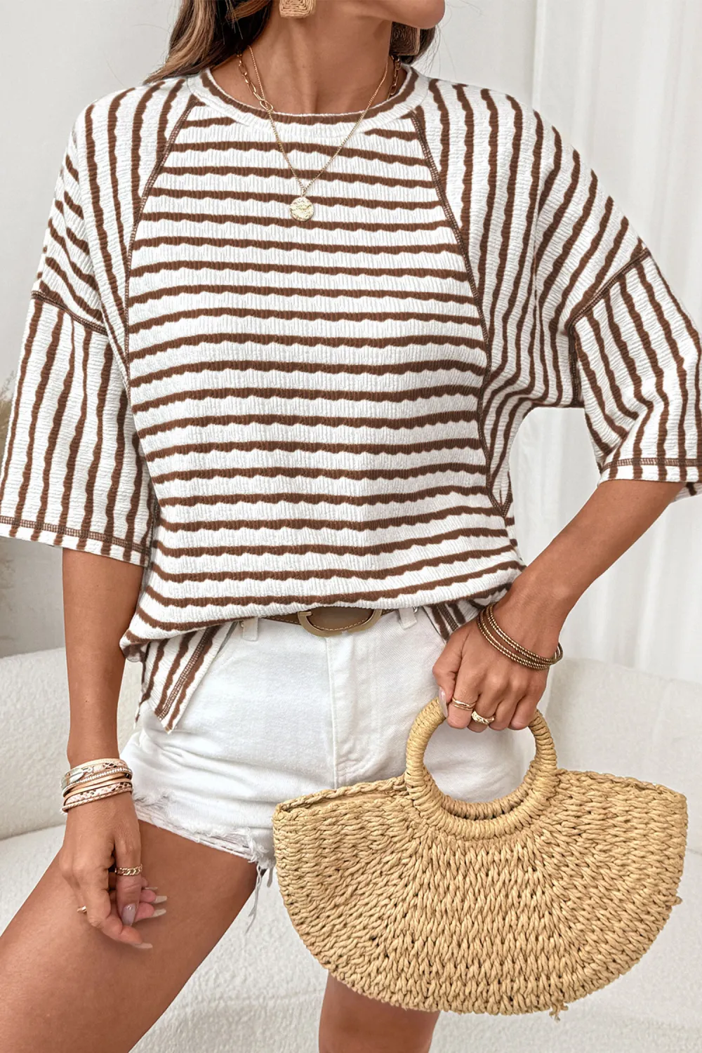 Brown Stripe Textured Knit Split Top