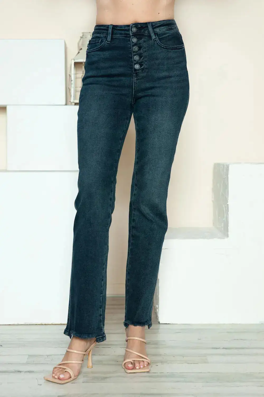Stretch Distressed Straight-Leg Denim Jeans