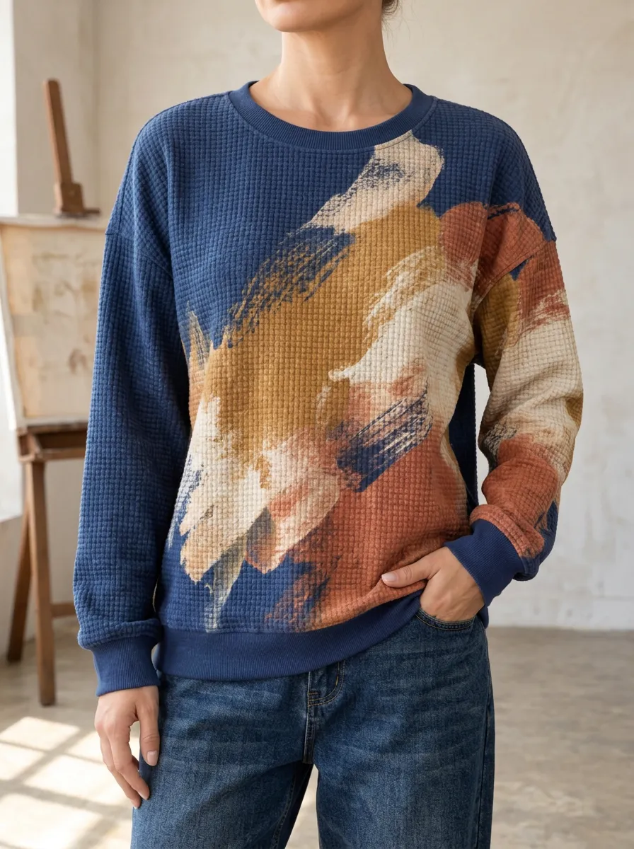 Women's Abstract Brushstroke Waffle Knit Modern Crewneck Sweatshirt