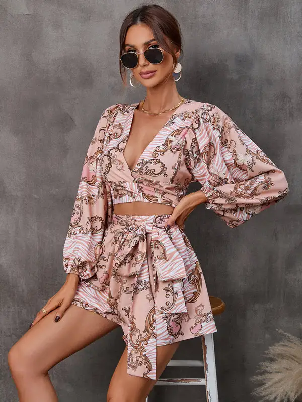 Hollowed Out Long Sleeved V Neck Shorts