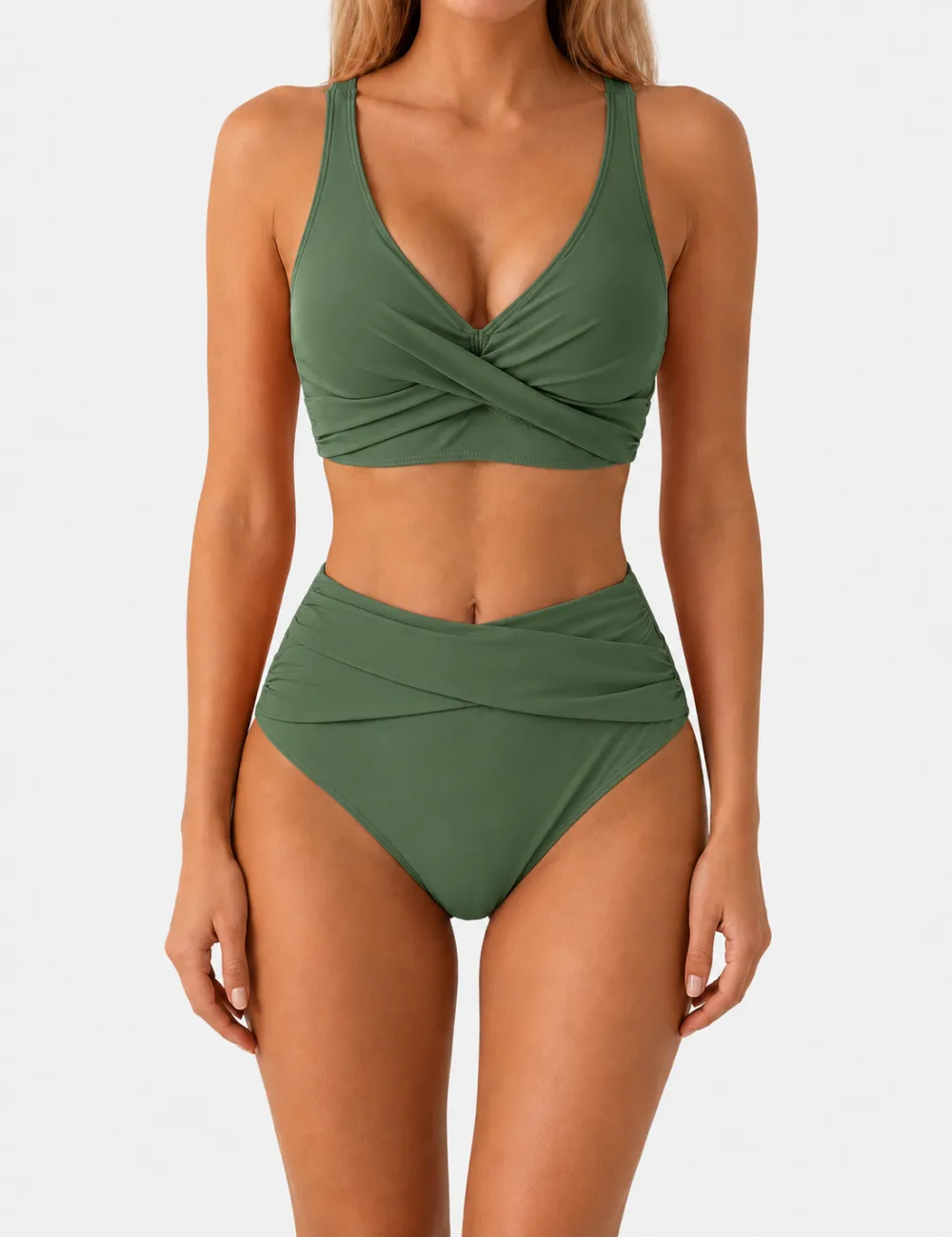Twist Front V Neck High Waisted Bikini Set