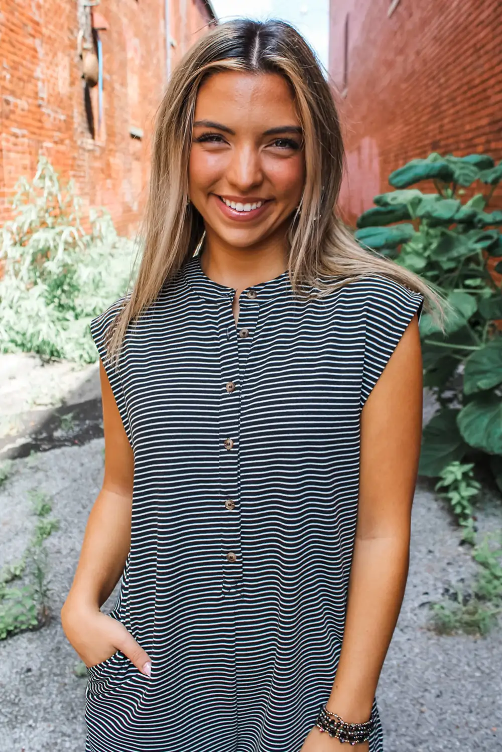 Striped Print Buttoned Wide Leg Sleeveless Jumpsuit