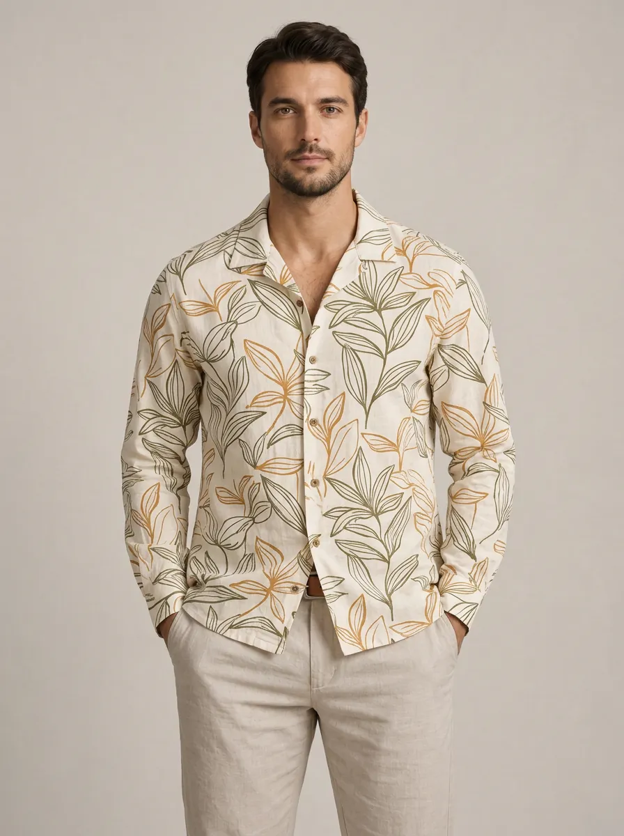 Men's Long Sleeve Botanical Nature Printed Shirt