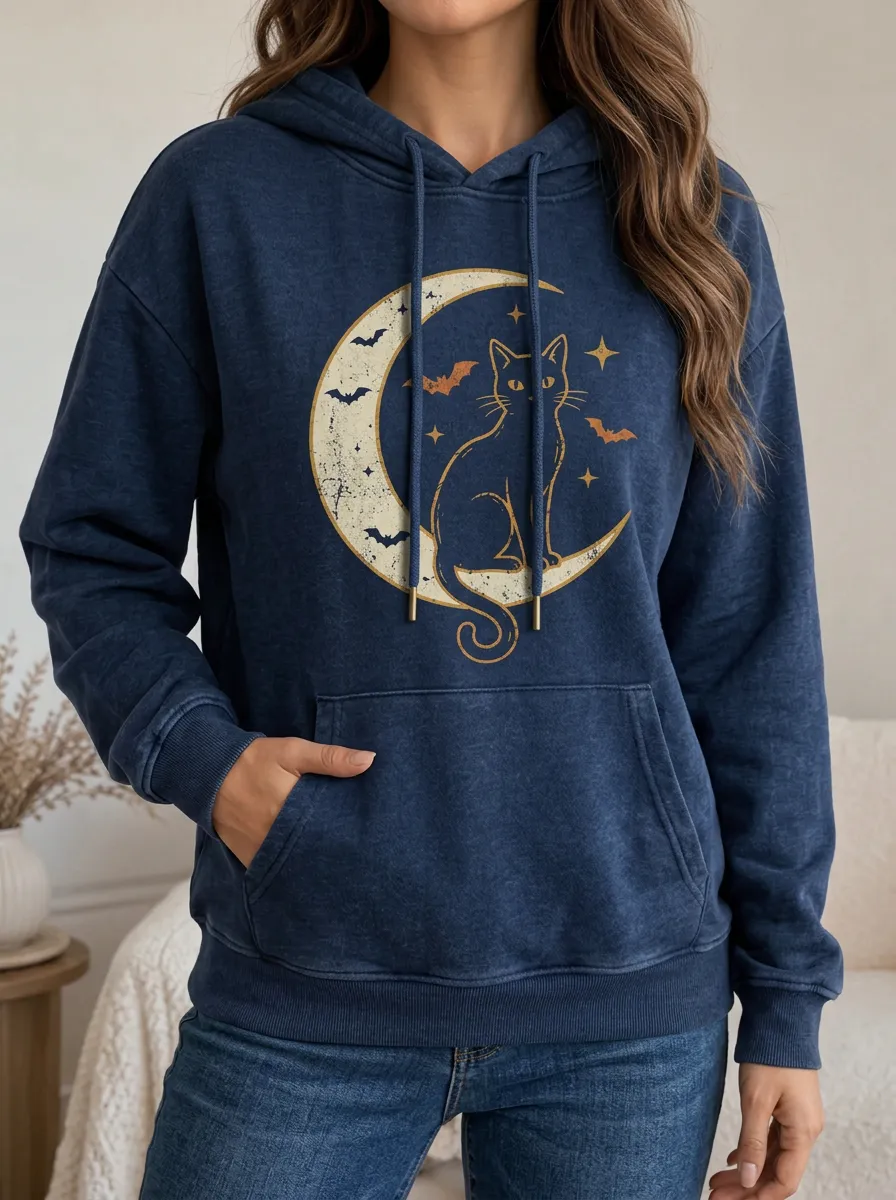 Women's Halloween Cat Moon Bats Printed Hoodie