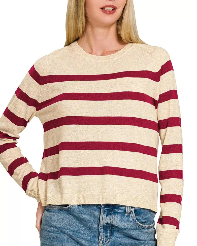 Relaxed Lightweight Wool Blend Striped Round Neck Sweater