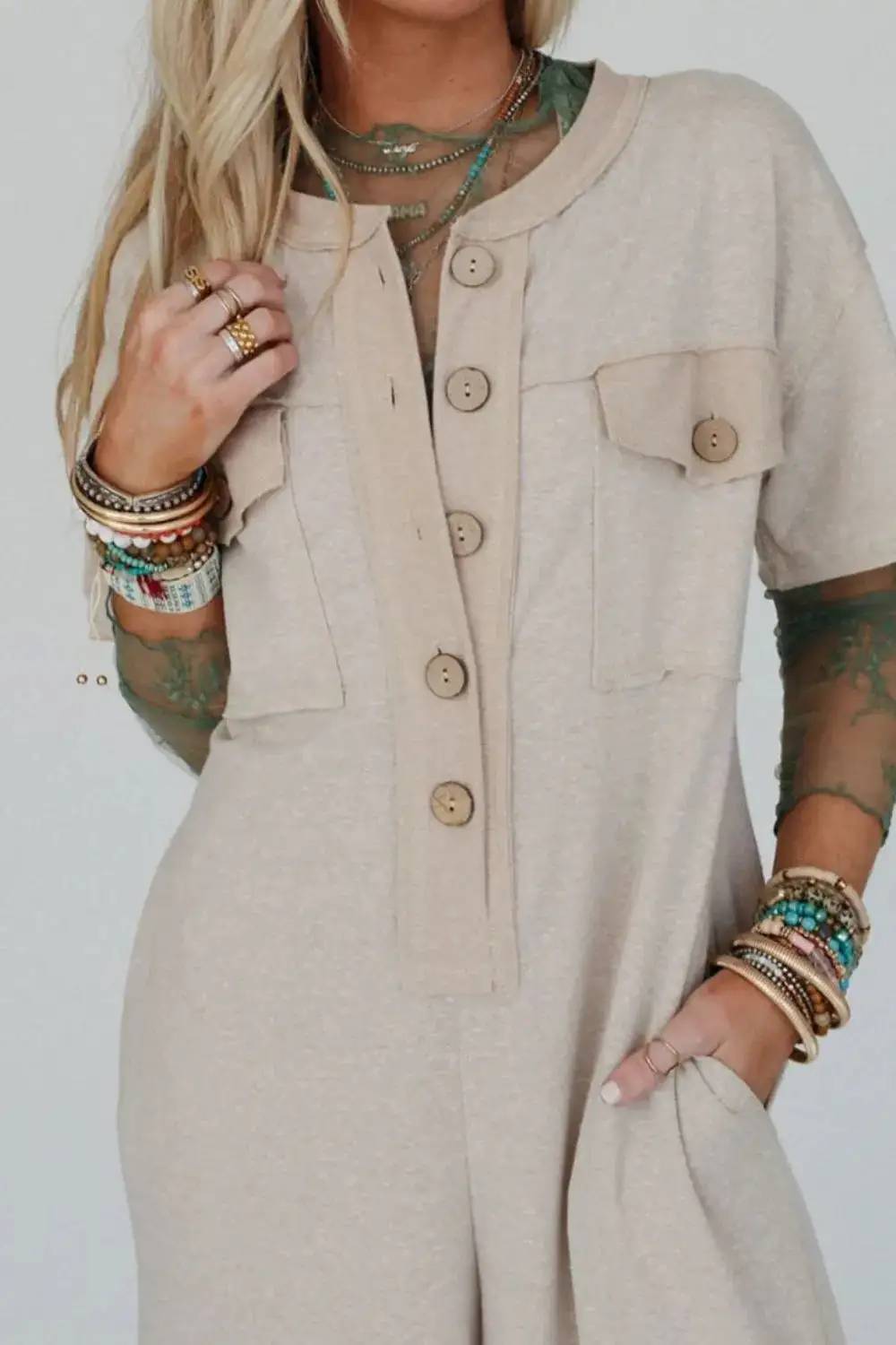 Pocket Front Short Sleeve Wide Leg Shorts