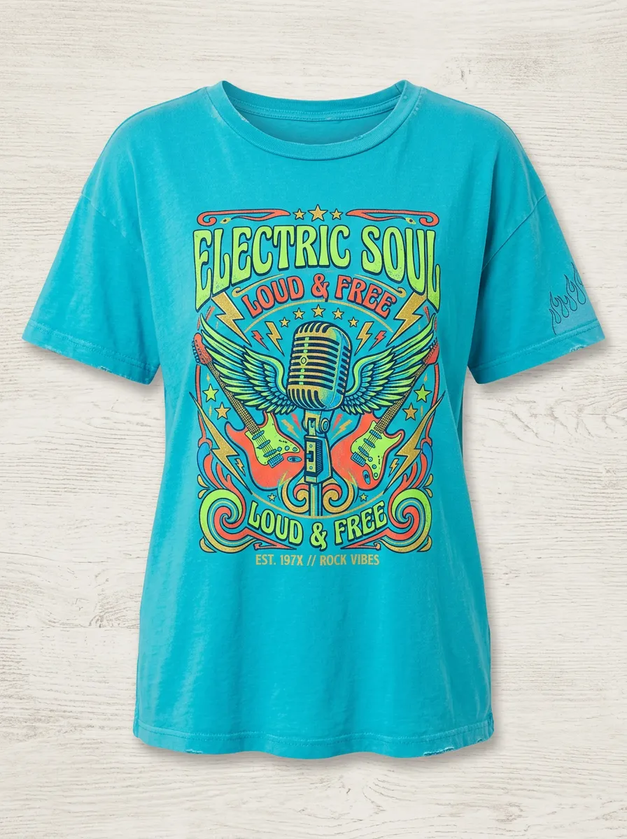 Unisex Rock Music Electric Soul Winged Microphone Printed T-shirt