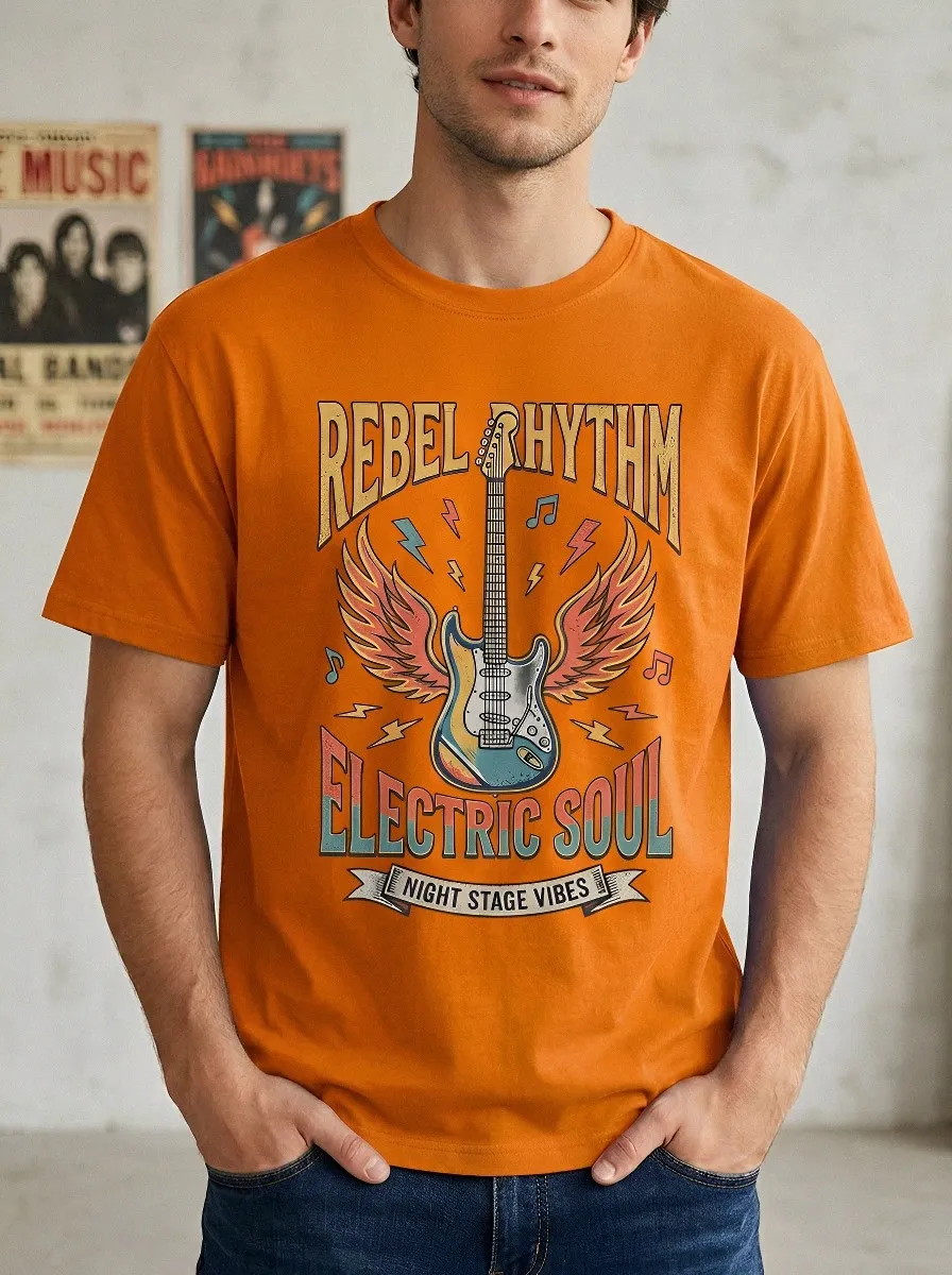 Men's Rock Music Lover Winged Electric Guitar Printed T-shirt