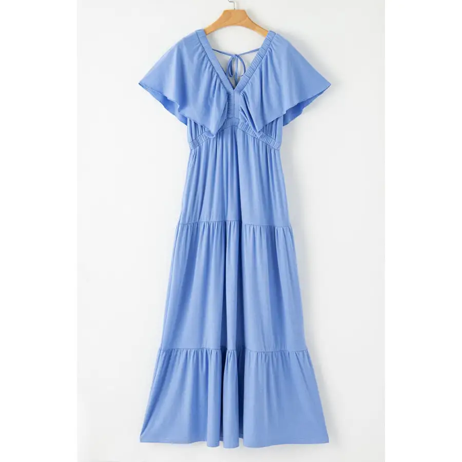 Ruffled V Neck Flutter Sleeve Maxi Dress