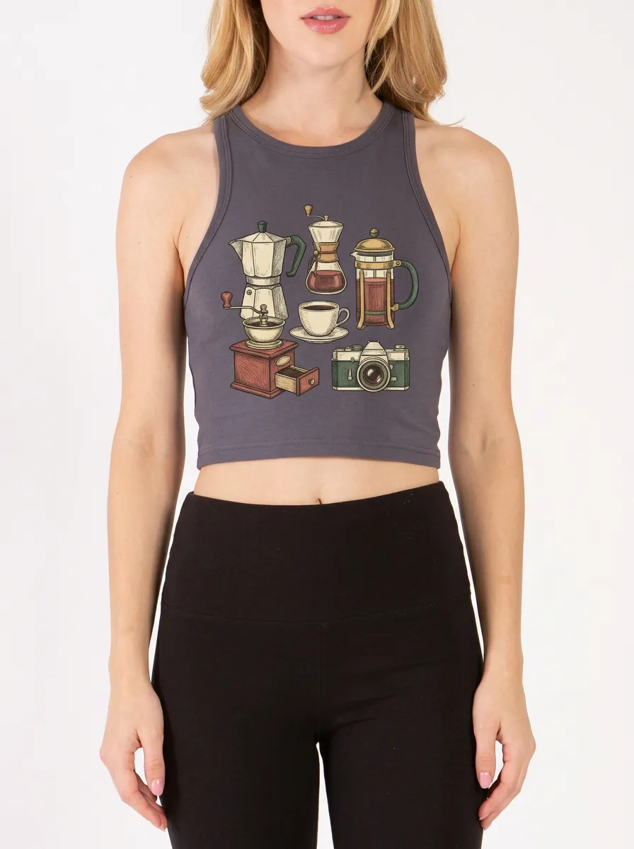 Women's Coffee-Inspired Vintage Camera Printed Crop Tank Top