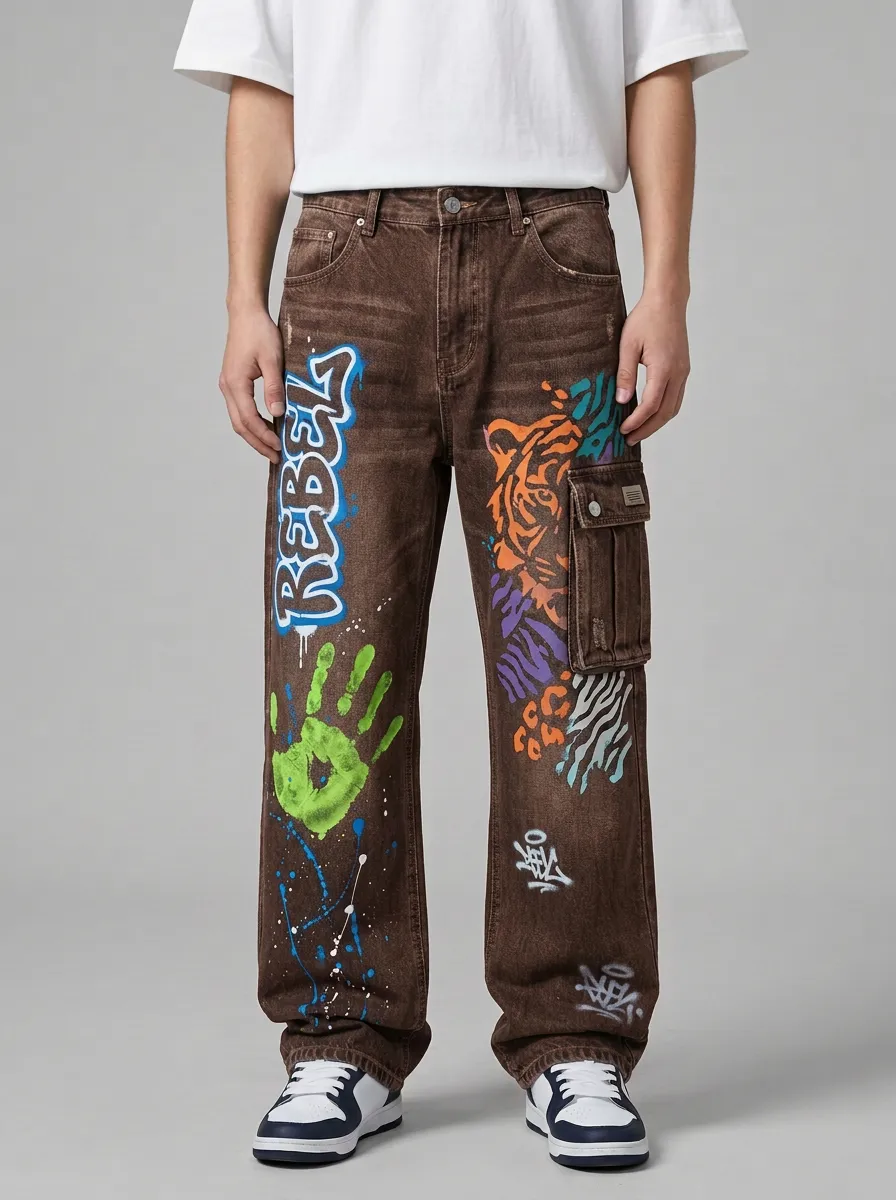 Men's Streetwear Rebel Tiger Hand Graffiti Graphic Cargo Jeans