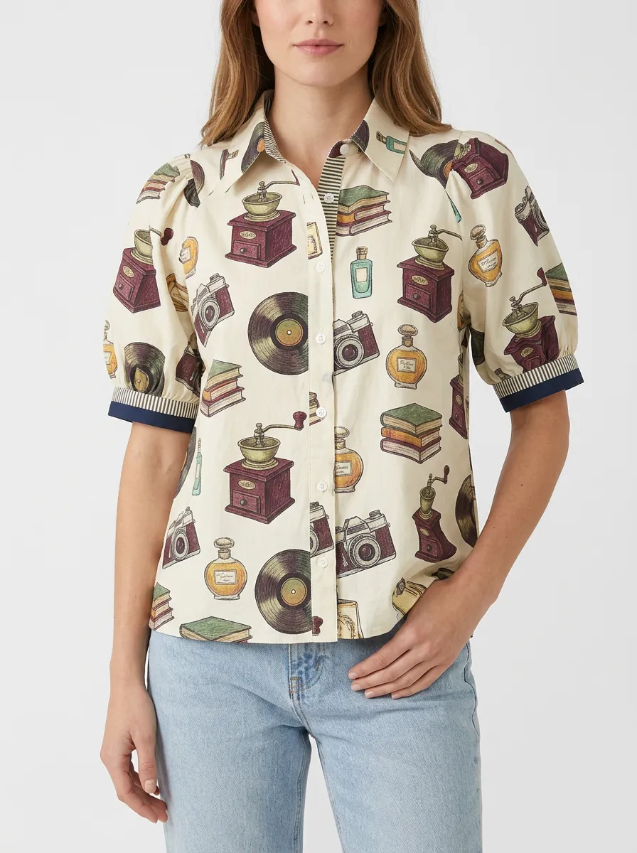 Women's Vintage Hobby Lover Camera Book Coffee Printed Shirt