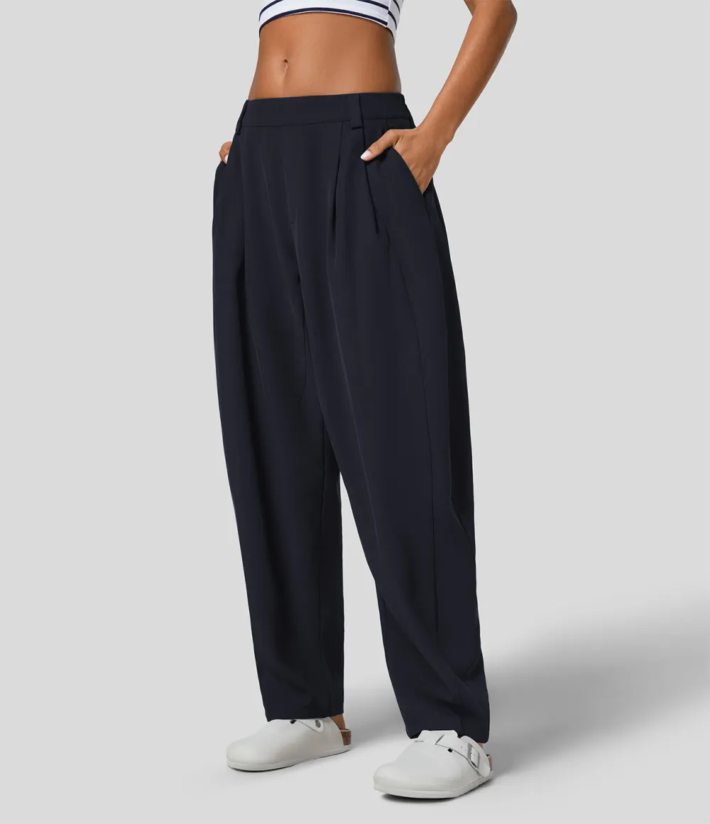 Mid Rise Plicated Side Pocket Barrel Leg Work Pants