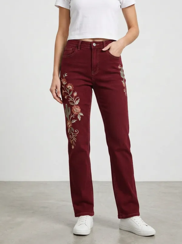 Women's Floral Cactus Embroidered Printed Straight Leg Jeans