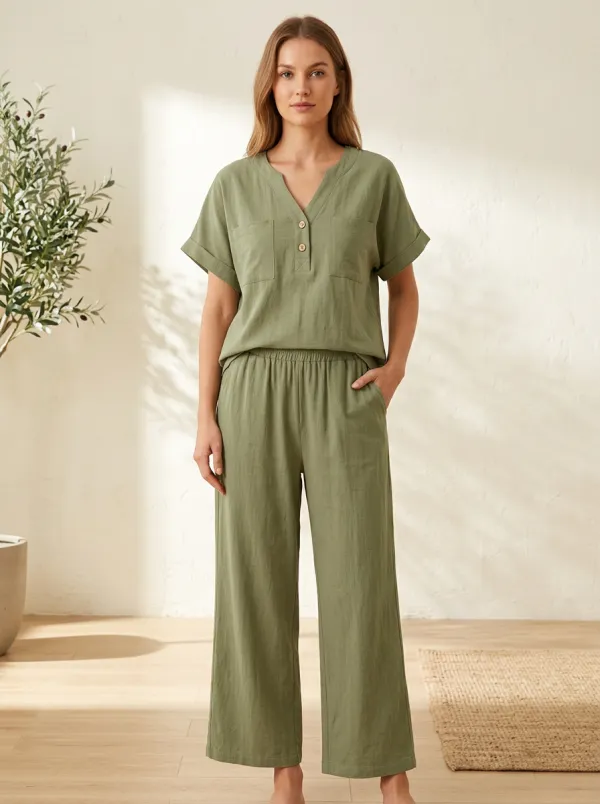 Short-Sleeve Pocket Button-Front Women's V-Neck Shirt