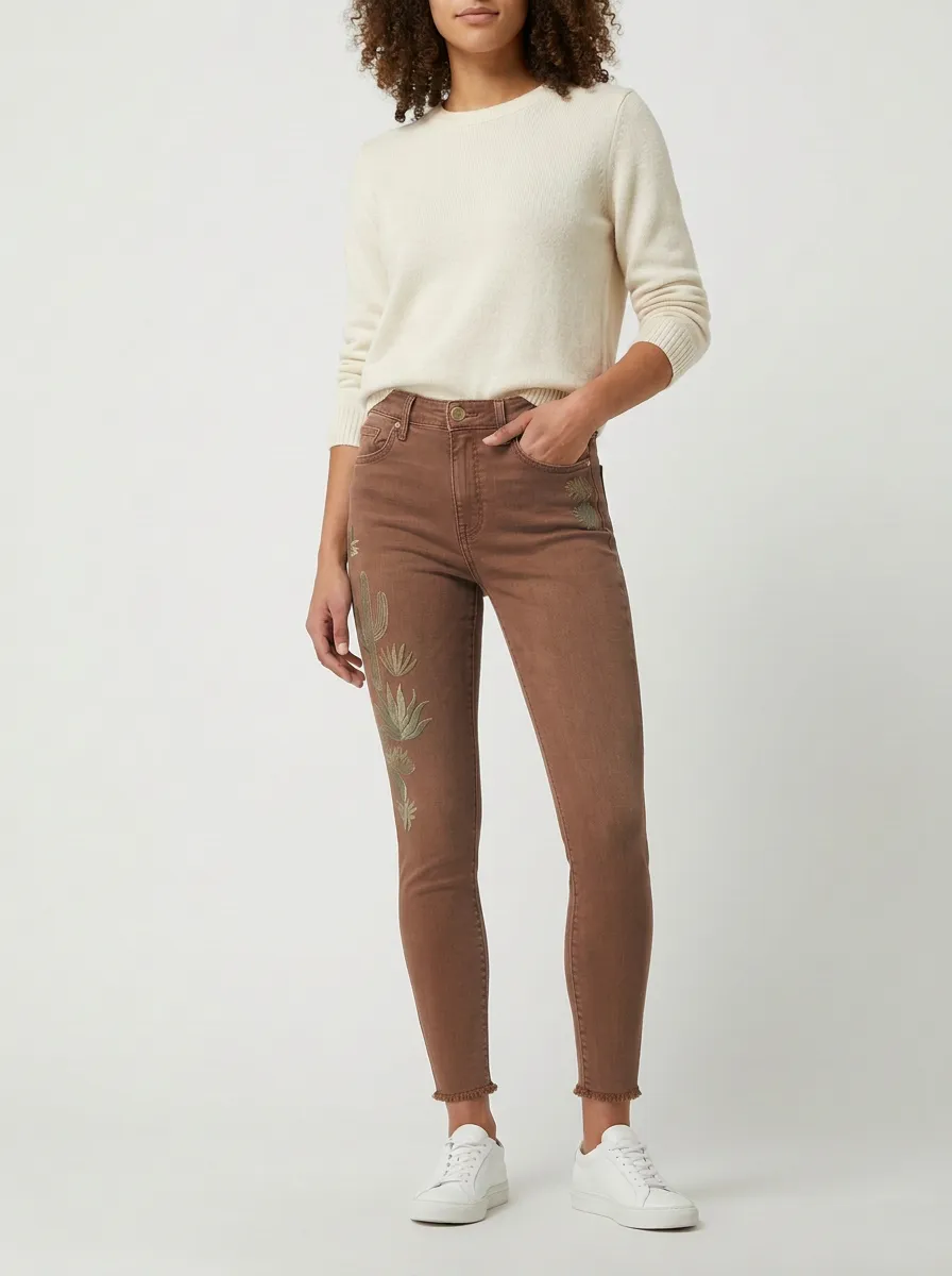 Women's Desert Lover Cactus Embroidered Printed Slim Jeans